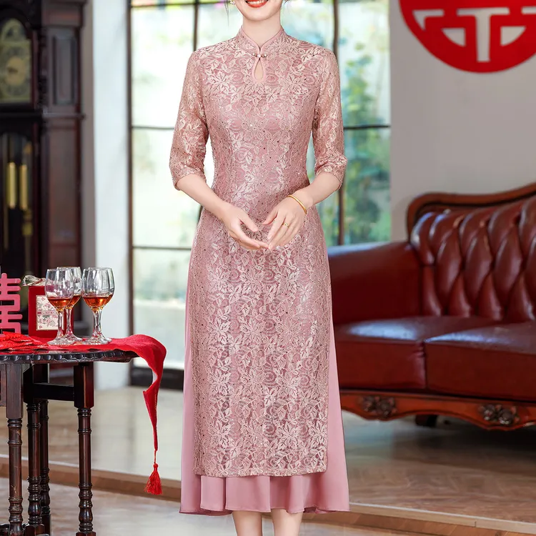 新款2025夏季文艺复古连衣裙高端蕾丝婚礼国潮婚宴装旗袍立领气质