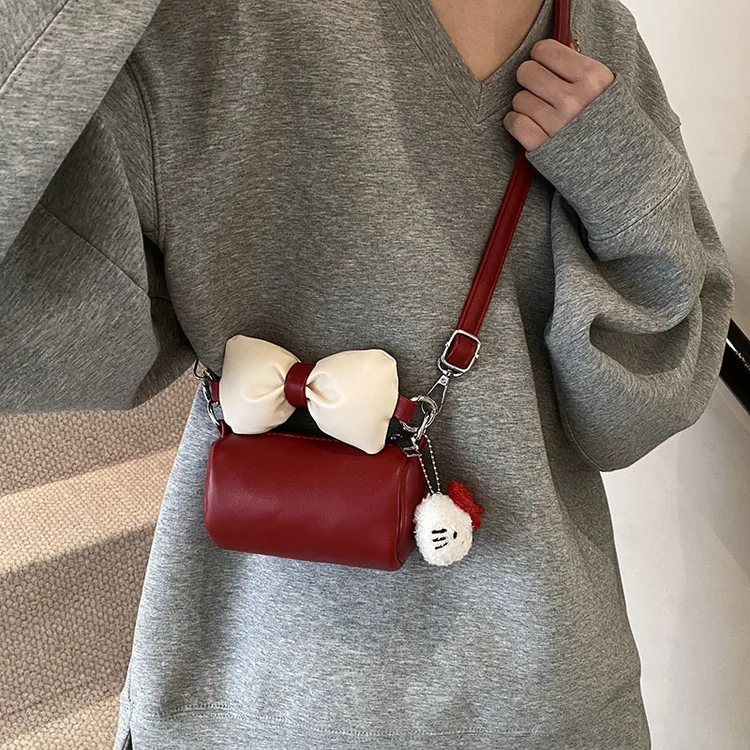 夏季蝴蝶结手提公主包小水桶包手提包女生红色包包夏天通勤小挎包