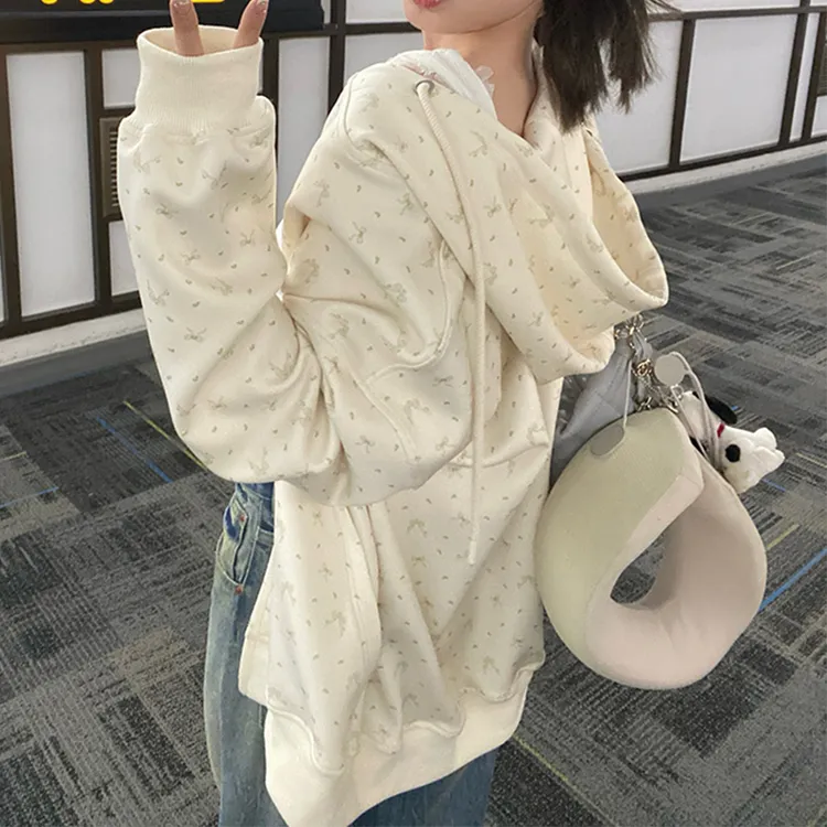 秋冬季开衫连帽碎花卫衣拉链外套胖mm大码百搭设计感宽松显瘦上衣
