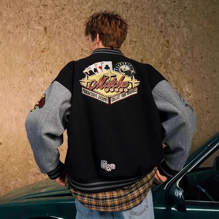 25ss高版本OFF秋冬重工刺绣拼皮棒球服男女同款春中国风刺绣