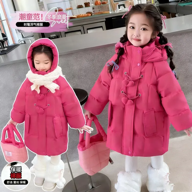 连帽女休闲风厚款中长款洋气宝宝棉袄加厚儿童儿童棉服女孩