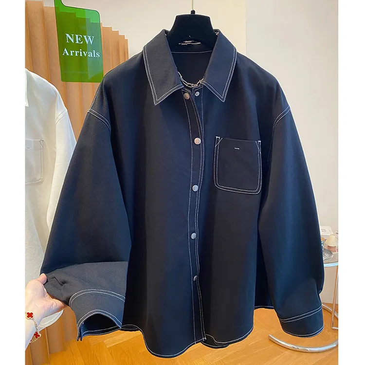 高级感明线黑色牛仔衬衫女长袖2025春装新款宽松休闲复古超火上衣