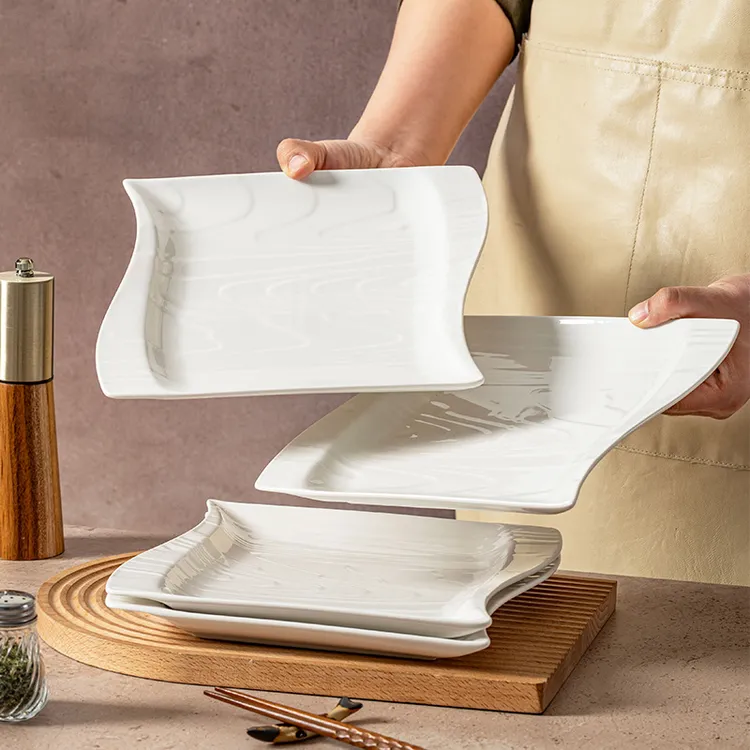 句途4只10英寸山川木纹盘家用陶瓷釉下彩新骨瓷平盘白色西餐盘子