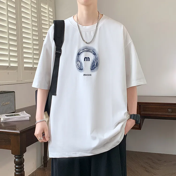 2025夏季新款青少年上衣短袖T恤男士印花宽松潮流百搭半袖打底衫