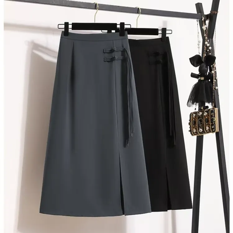 2025春夏国风盘扣西装半身裙女时尚新中式高腰A字裙开叉中长款潮