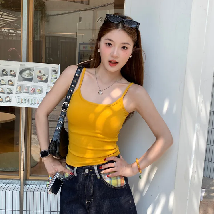 黄色带胸垫吊带女内搭2025夏新款辣妹绝美背心外穿无袖上衣
