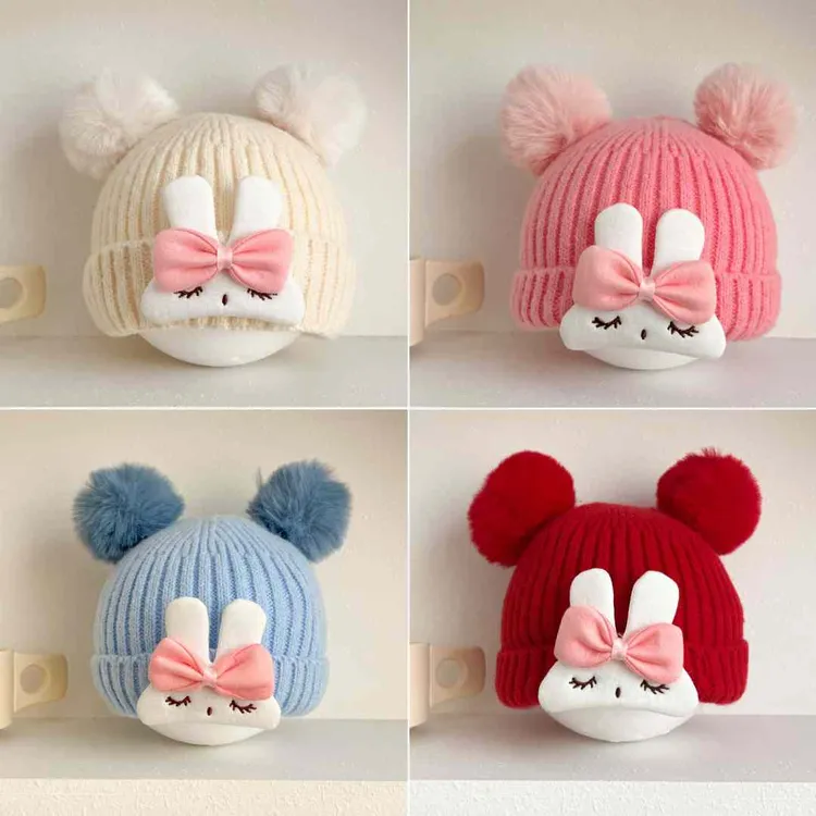 【加内衬】双毛球婴儿帽子冬季女宝宝毛线帽保暖男女童针织护耳帽