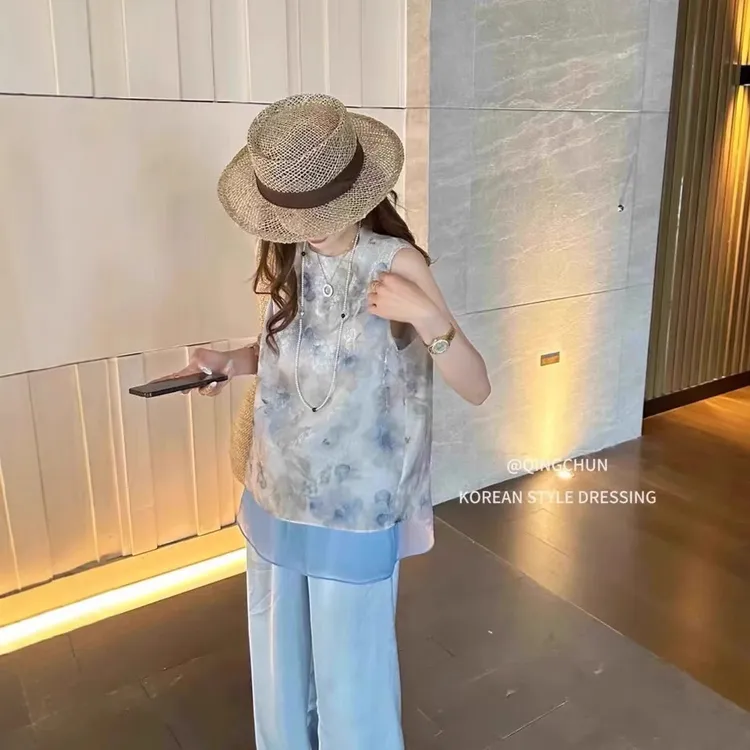 国风轻熟风时尚印花无袖背心上衣洋气百搭显瘦气质高雅淑女短袖