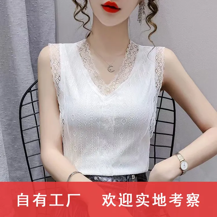 2023春夏新款V领花边无袖外穿西装内搭背心女打底上衣 蕾丝吊带