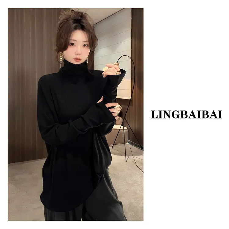 【堆堆打底】慵懒风纯色绒感磨毛高领宽松冬季长袖内搭打底T恤女