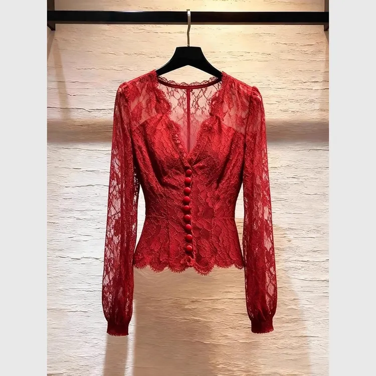 ROUJR LEOK新年圣诞巨好看红色蕾丝衬衫2025冬季爆款轻奢高级感收