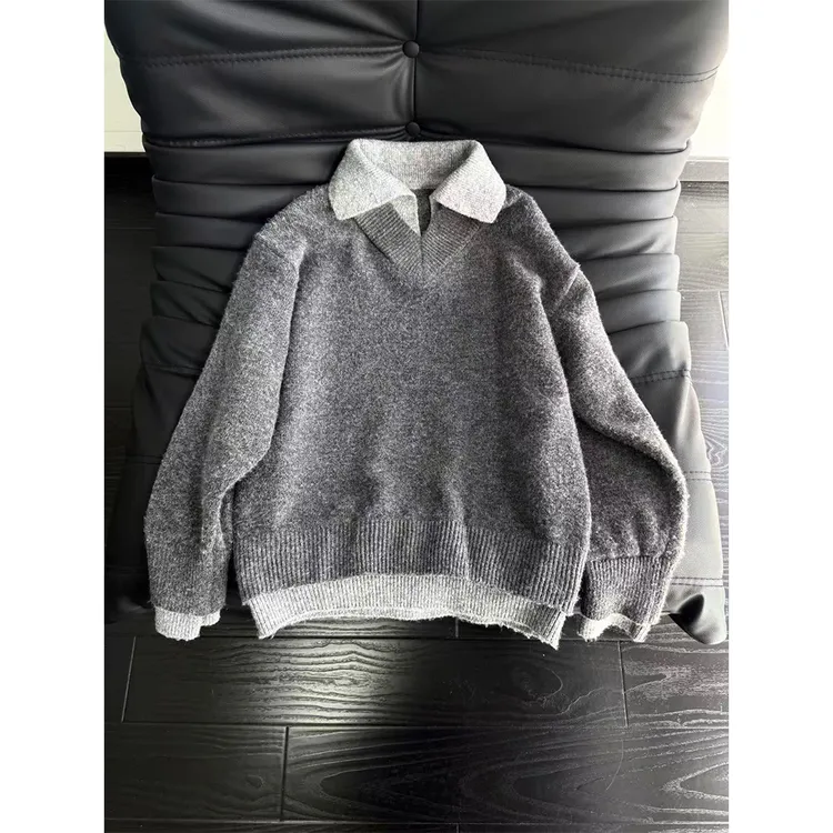 老钱风假两件衬衫领毛衣男冬季慵懒风针织衫美式复古潮牌情侣外套