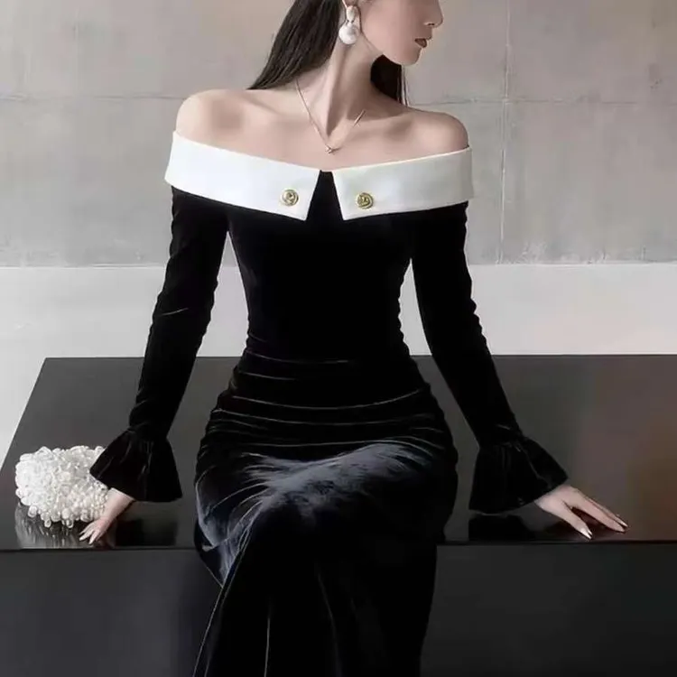 新款级感赫本风一字肩丝连衣裙2025秋冬新款独特洋气拼接掐腰长裙