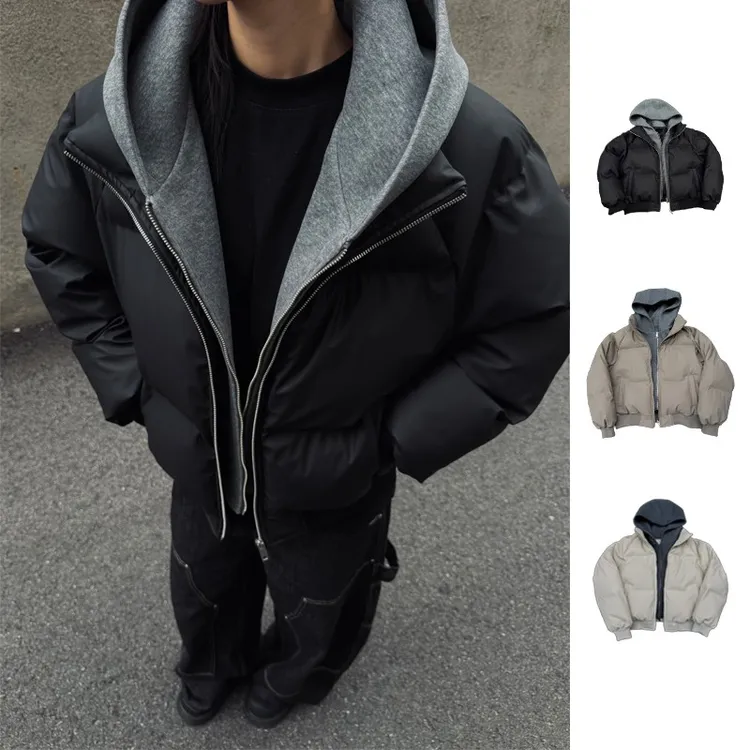 LIGGICC美式PU皮假两件连帽宽松棉衣男复古保暖短款潮流冬季卫衣