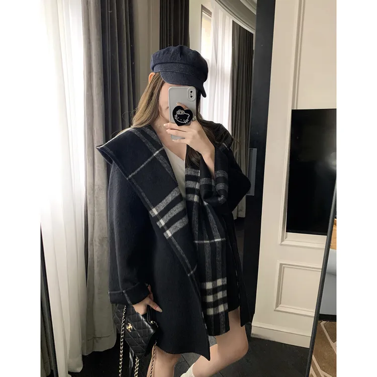 古格纹高级感斗篷羊毛大衣羊毛外套羊毛双面通勤大衣韩系格子韩版