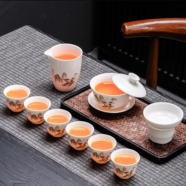 羊脂玉白瓷功夫茶具套装家用客厅办公室高档泡茶杯悬停盖碗套装