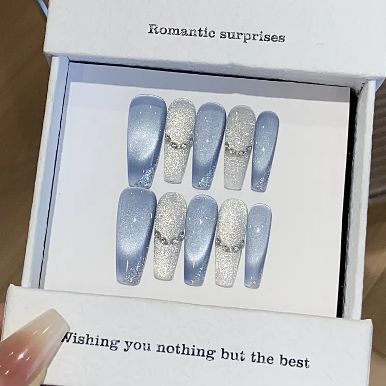 冰透冰川2025年新品手工蓝微笑猫眼马眼银碎细闪蓝丝带贴片美甲