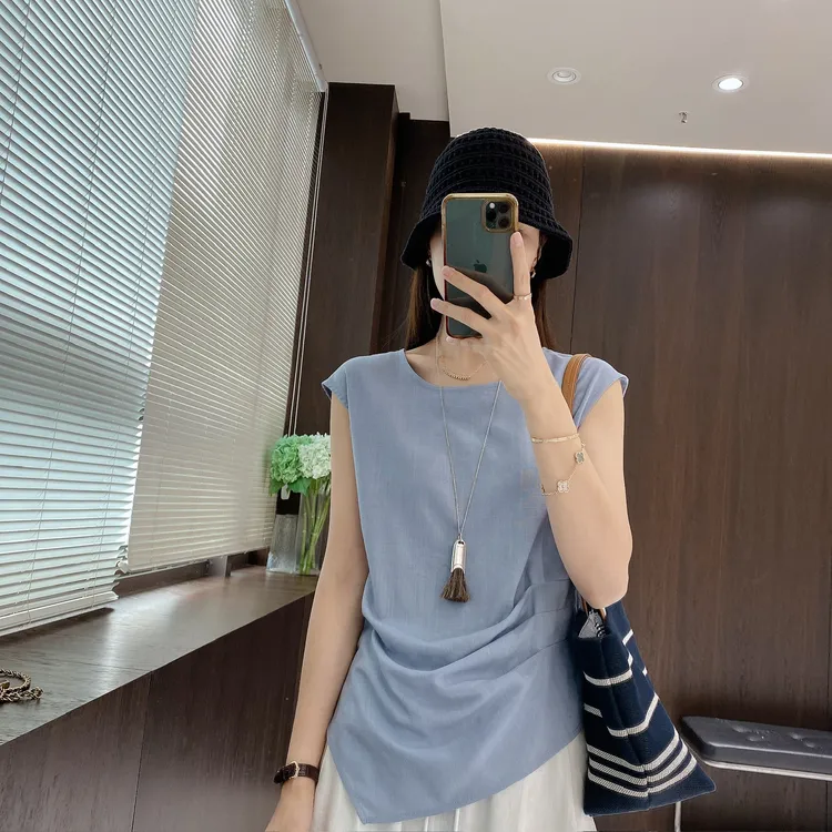 IMFLY金小金自制女装 小衫DYW9335夏日不规则圆领收腰显瘦小衫
