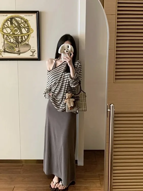 韩版咖色条纹长袖防晒罩衫女2025夏辣妹修身吊带连衣裙套装