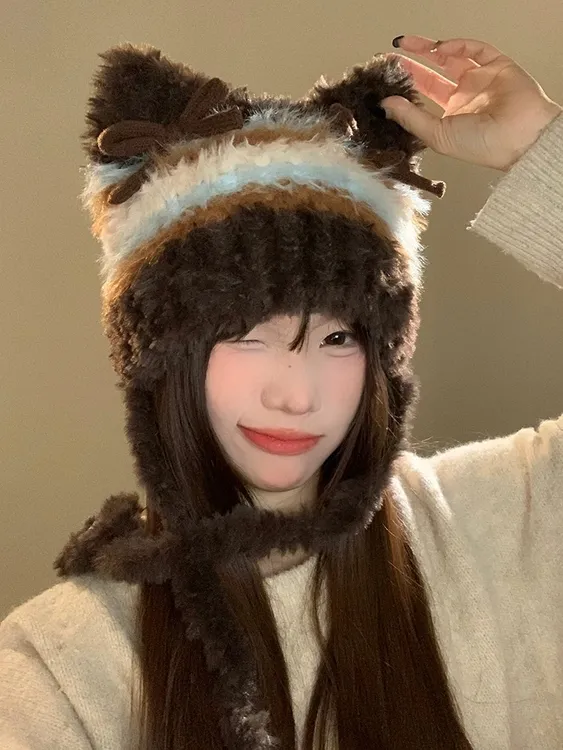 新款毛绒帽子女冬季可爱网红保暖加绒显脸小兔毛水桶渔夫帽大头围