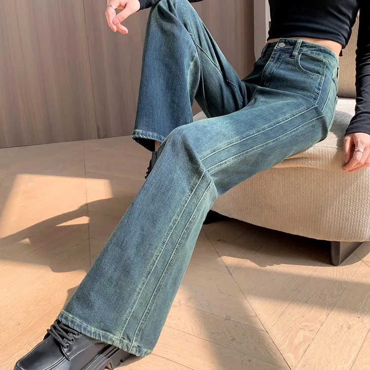 复古蓝窄版直筒牛仔裤女2025春秋新款高腰宽松显瘦气质百搭阔腿裤