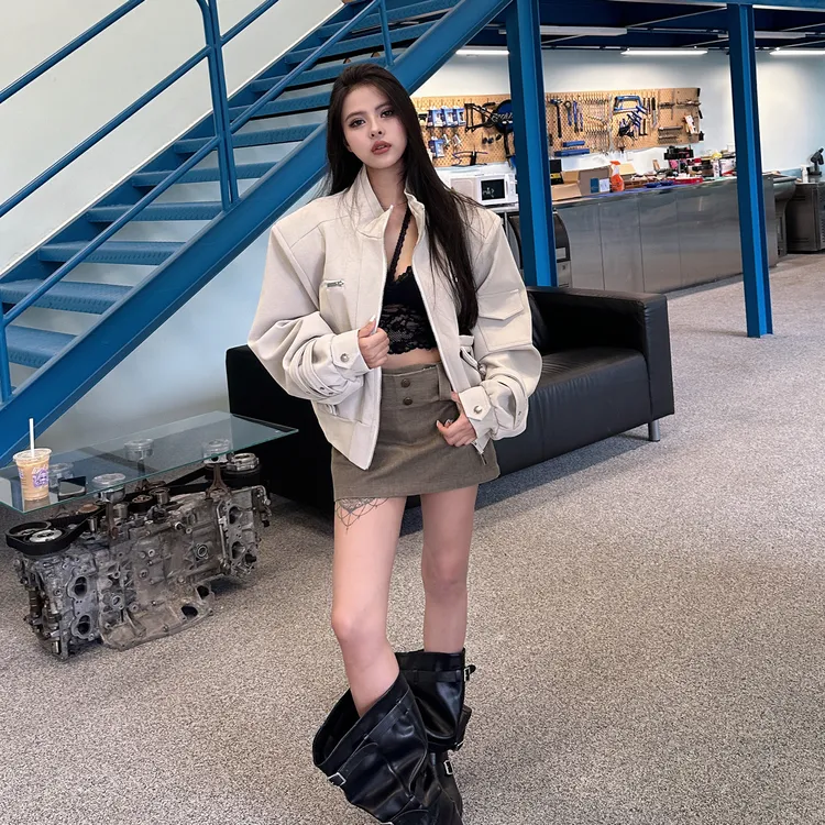 美式复古设计款立领皮衣秋季宽松休闲垫肩拉链夹克机车服外套女
