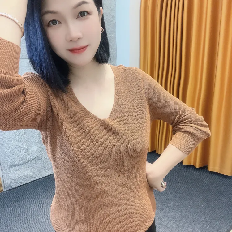 5485秋上新~针织纯色法式春秋冬V领毛针织衫美拉德焦糖色气质V领