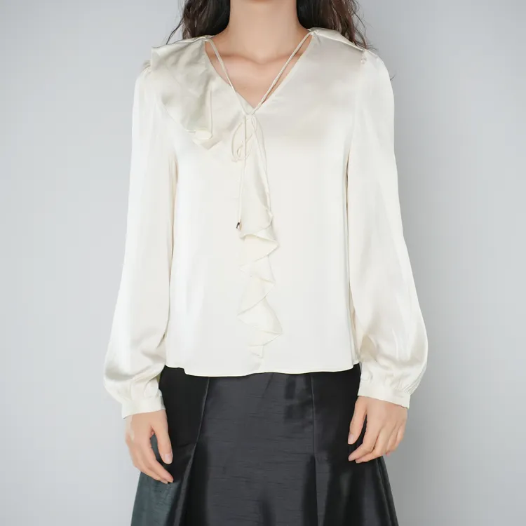 GIRDEAR/哥弟早秋新款气质法式荷叶边V领时尚百搭衬衫上衣130100