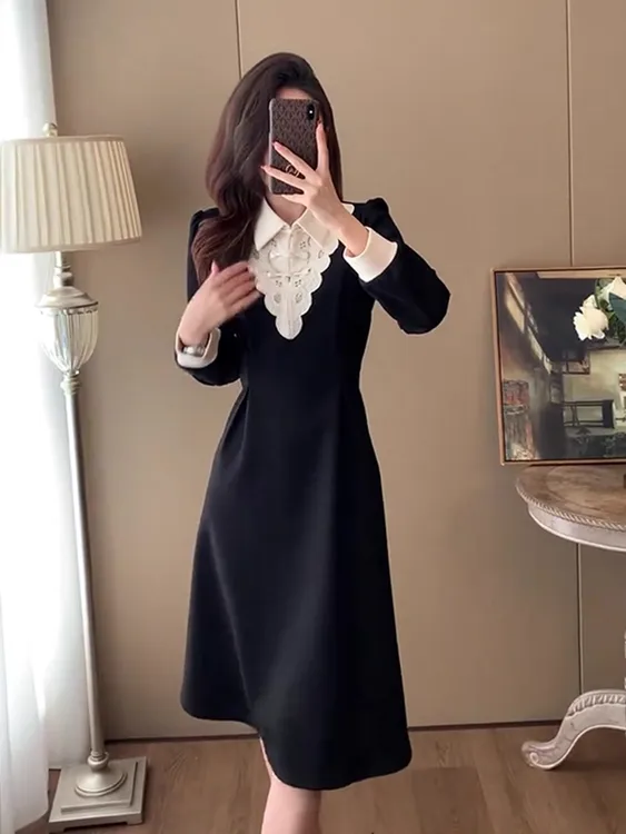 法式长袖花边翻领连衣裙女2025秋季新款高级感洋气超好看气质裙子