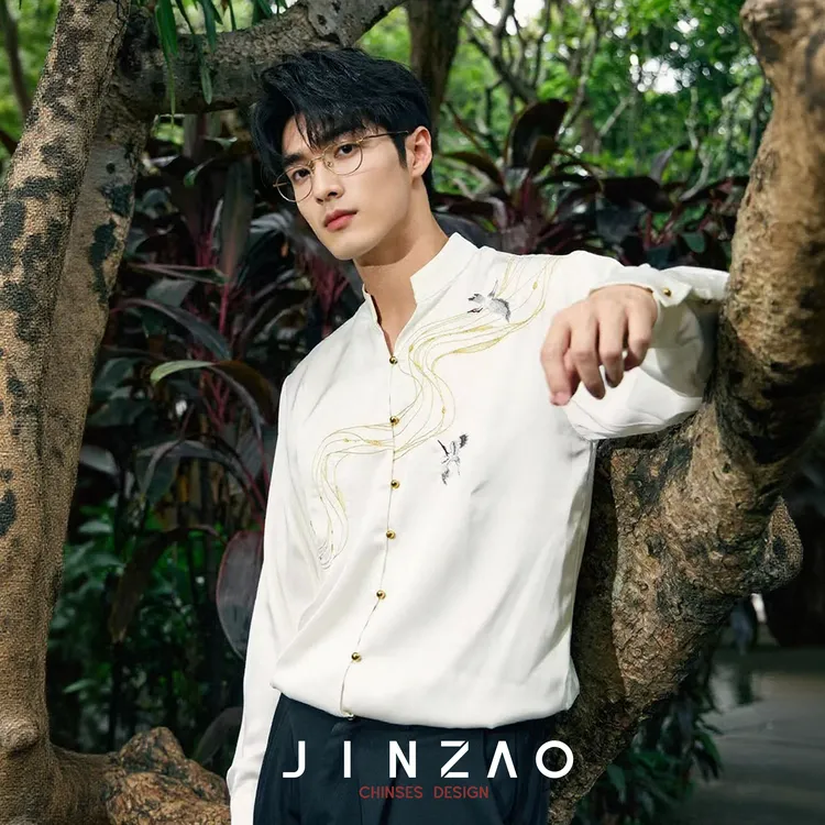 「万针仙鹤」2.0刺绣中国风结婚订婚传统中国风男长袖衬衫复古唐装
