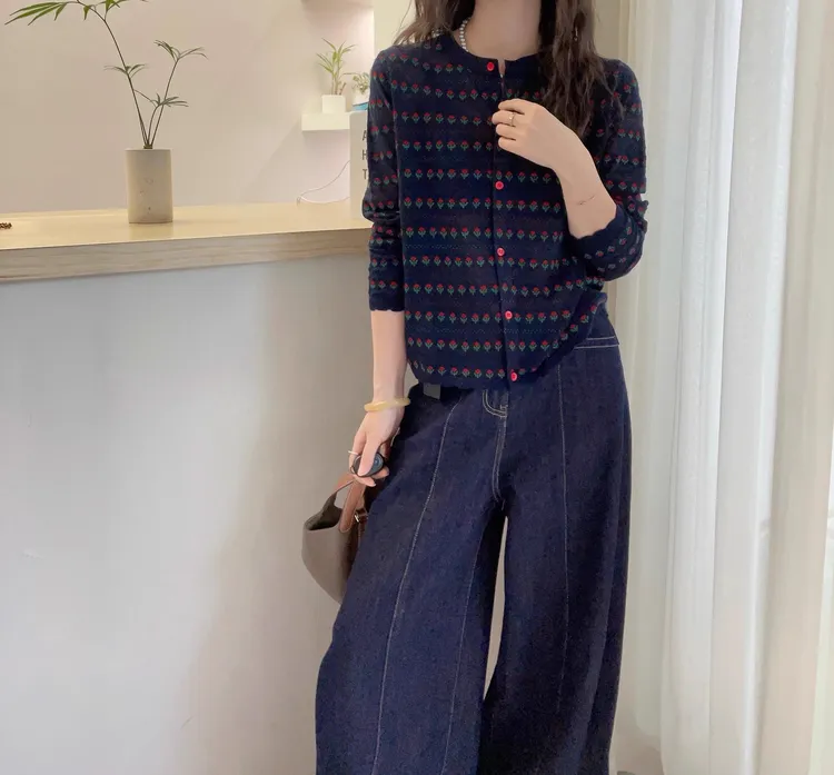 【多多专属】【超细绵羊毛】秋季新款花园小衫提花针织衫开衫女外套