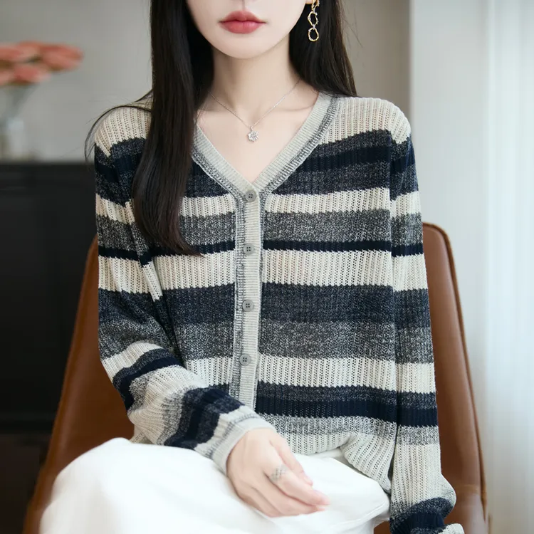 哥弟阿玛施正品秋季新款韩系撞色条纹羊毛开衫女气质温柔风针织衫