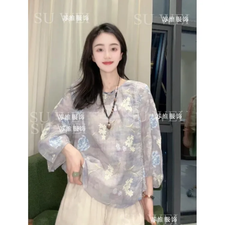 【莫奈花园】5355苎麻印花薄款透气长袖衬衫中袖常规V领花朵宽松型