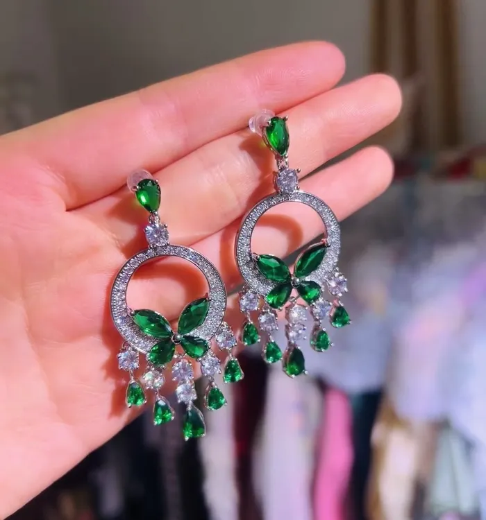 合金耳饰 【高精工】黄杨钿甜同款绿钻蝴蝶圆耳环耳钉电镀18k金电镀