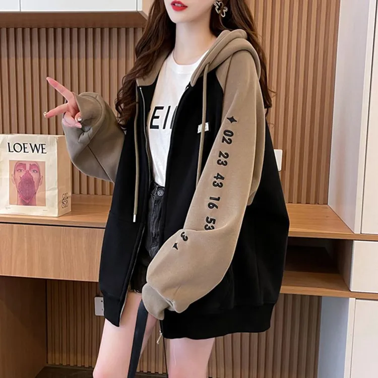 黑色拼接学生休闲百搭时尚洋气连帽外套女春秋薄款拼色韩版大码潮