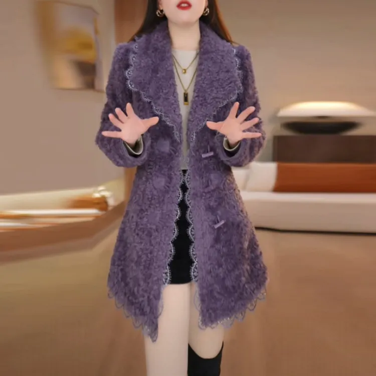 卷卷毛高贵气质外套2025秋冬季新款高级感紫色显瘦加厚中长款大衣