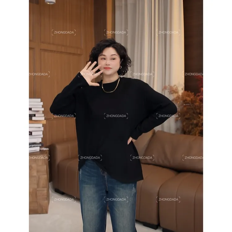 ZHONG大大【】长袖T恤女冬季新款显瘦百搭不规则卷边上衣1076