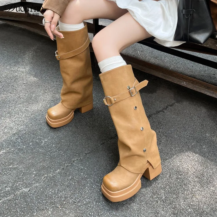 真皮及膝长靴女冬新款8.5cm厚底高筒裤管靴超高跟时尚骑士堆堆靴