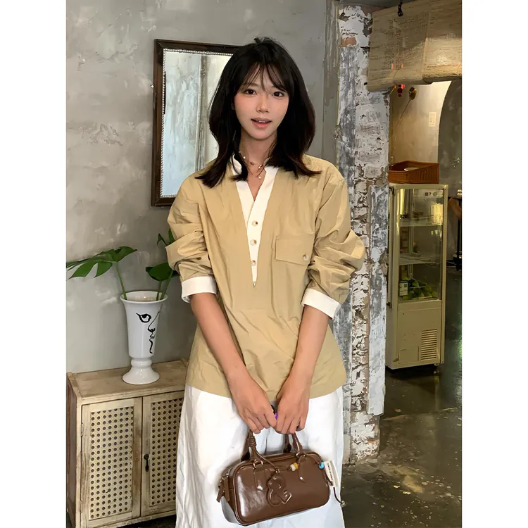 日系复古卡其色假两件长袖衬衫男春秋老风潮牌慵懒情侣衬衣外套