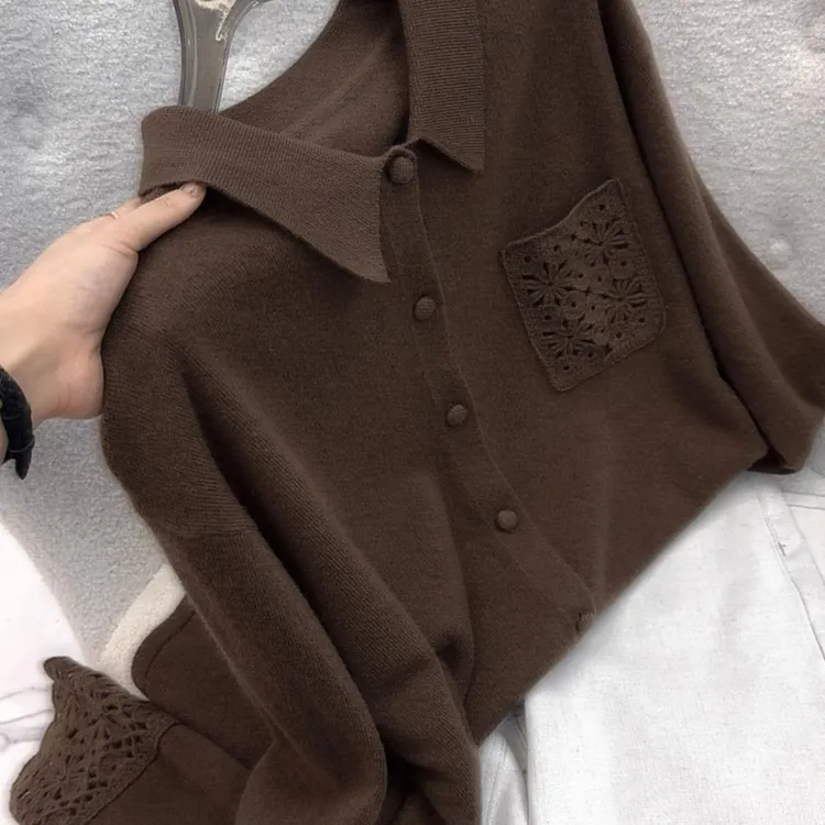 正品撤柜羊毛衫polo领口袋钩花针织开衫秋冬新款宽松外套上衣