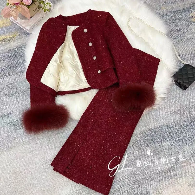 黑色小香风充绒套装裙女冬季加厚气质显瘦羊毛粗花呢两件套