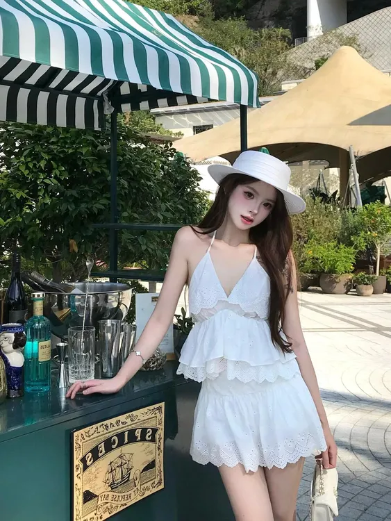 纯欲风性感蕾丝提花辣妹露背挂脖吊带背心上衣高腰显瘦A字半身裙