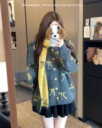 韩系甜美减龄蝴蝶结针织开衫女秋冬大码胖mm宽松慵懒加厚毛衣外套