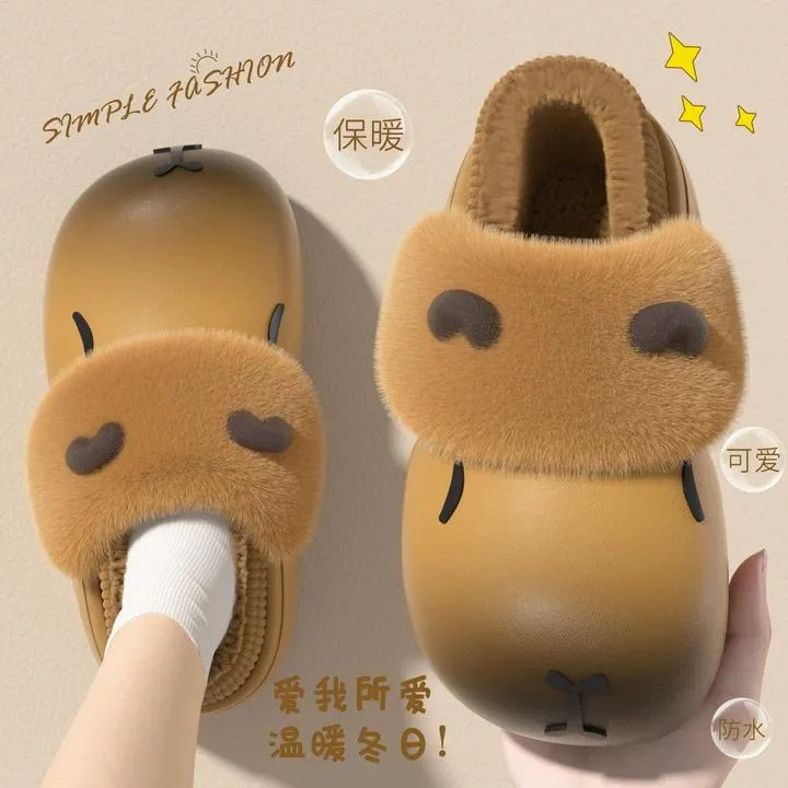 洋山公羊卡皮巴拉防水包跟棉拖鞋女秋冬季毛毛绒冬天保暖亲子棉鞋