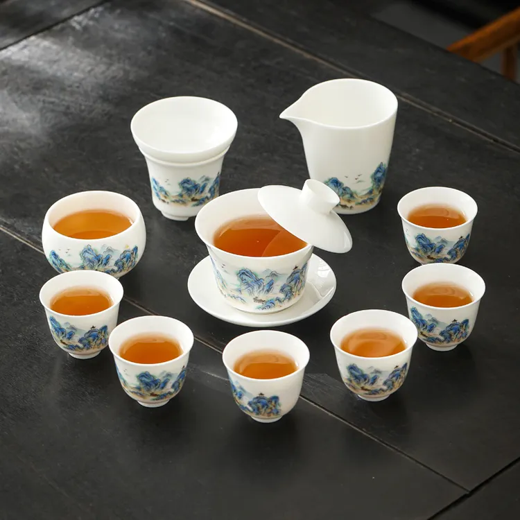 江山如画羊脂玉悬停盖碗白瓷功夫泡茶杯具套装高端全套办公室家用