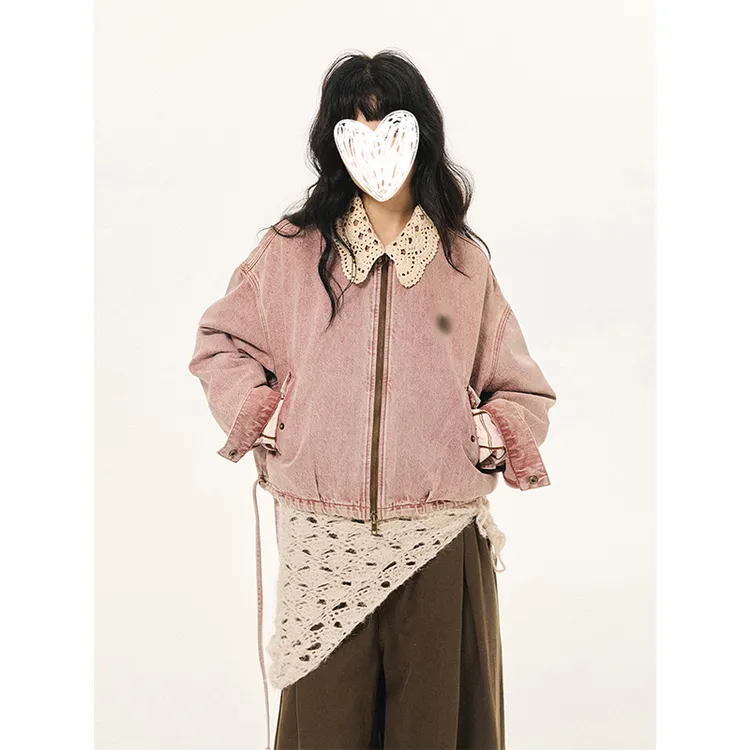 韩版粉色设计感手工钩花领花苞廓形牛仔夹克外套女千金风2025秋季
