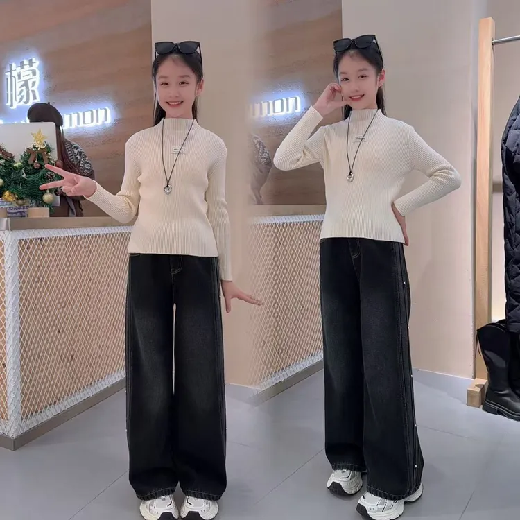 女童加绒裤子套装儿童百搭针织长袖毛衣休闲加绒保暖牛仔裤套装
