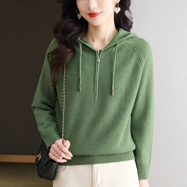 纯色连帽毛衣春秋季休闲气质女装上衣显瘦洋气春装带帽针织衫新款