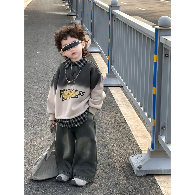 男童加绒卫衣加厚Polo衫冬装中小儿童帅气男孩牛仔长裤两件套 FY