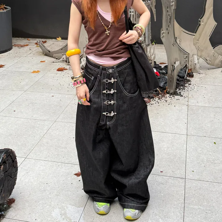 美式vibe大码水洗飞机扣设计弯刀牛仔裤女街头宽松阔腿坠感长裤潮